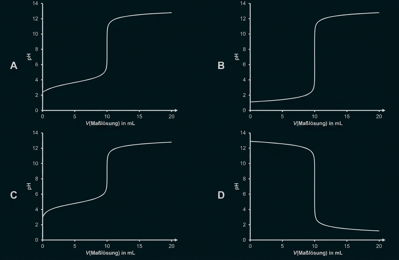 Vier pH-Titrationskurven A–D: drei ansteigende S‑Kurven (A,B,C) und eine fallende Kurve (D), pH gegen Volumen (mL).